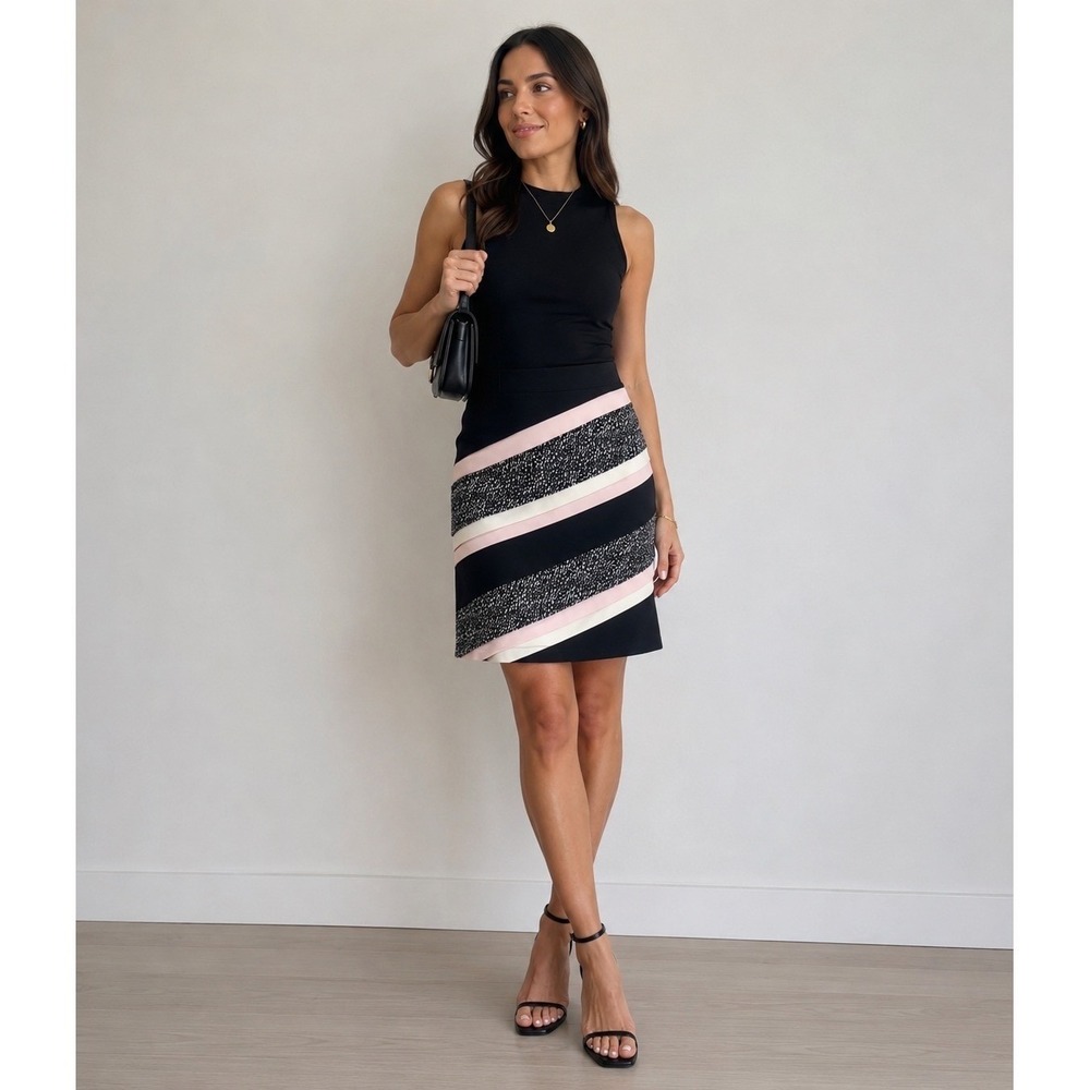 WHBM Tiered Pencil Skirt Womens Size 4 Black‎ Pink Colorblock Raw Hem